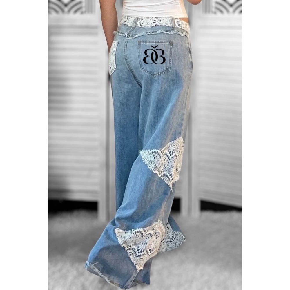 POL Vintage Washed Crochet Patched Straight Wide Leg Slouch Jeans - Picture 14 of 16